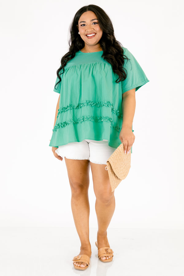 Chic Soul plus size clothing, Teal baby doll top with short sleeves and two ruffle stripes on the bottom of the shirt 
