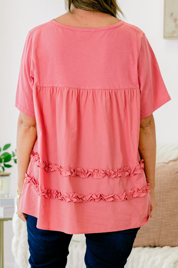Chic Soul Plus size clothing, dusty pink short sleeve blouse with ruched ruffle detail at the bottom of the shirt 