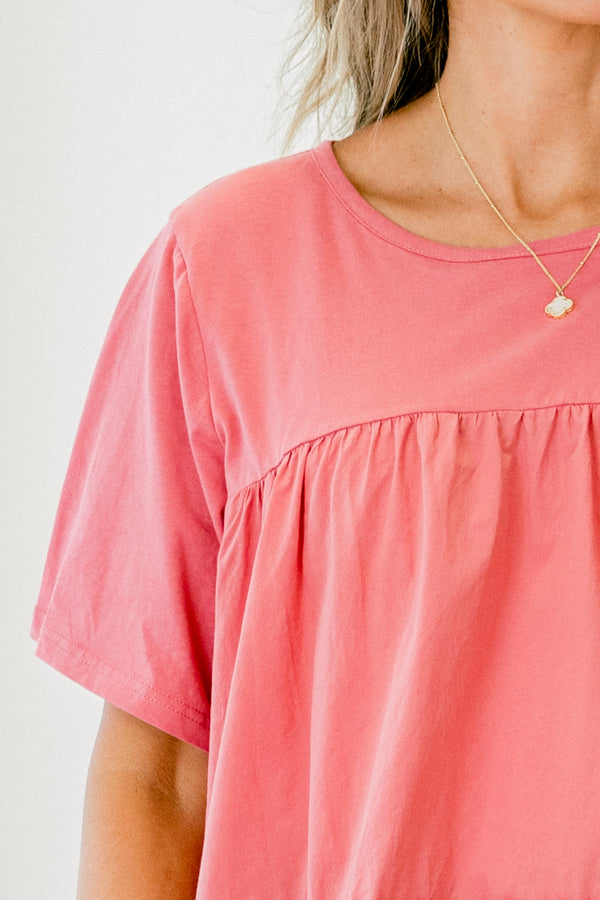 Chic Soul Plus size clothing, dusty pink short sleeve blouse with ruched ruffle detail at the bottom of the shirt 