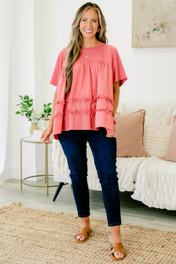 Chic Soul Plus size clothing, dusty pink short sleeve blouse with ruched ruffle detail at the bottom of the shirt 