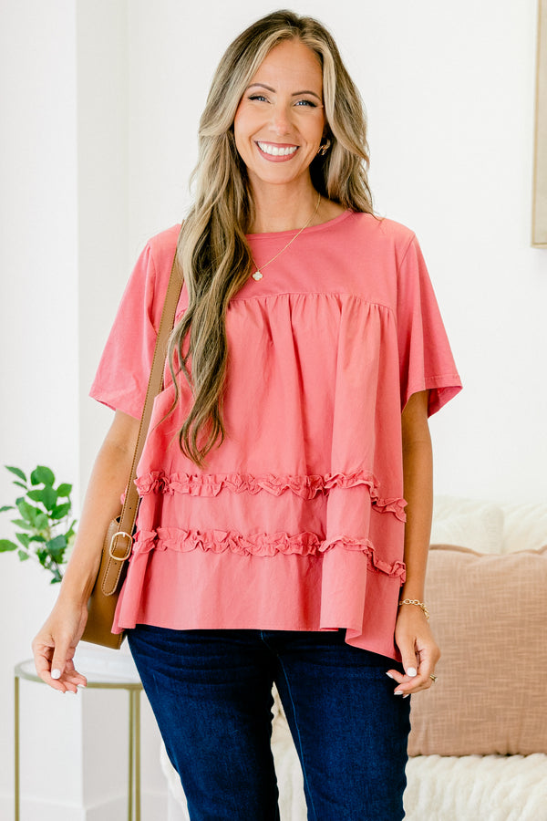 Chic Soul Plus size clothing, dusty pink short sleeve blouse with ruched ruffle detail at the bottom of the shirt 