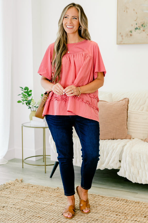 Chic Soul Plus size clothing, dusty pink short sleeve blouse with ruched ruffle detail at the bottom of the shirt 