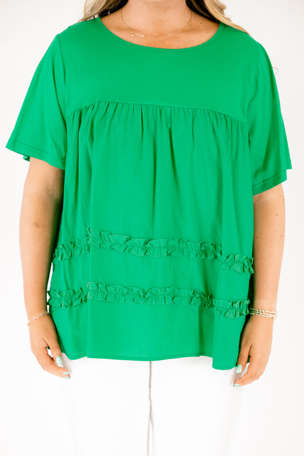 Chic Soul plus size clothing, green short sleeve baby doll top with 2 ruffle strip detailing 