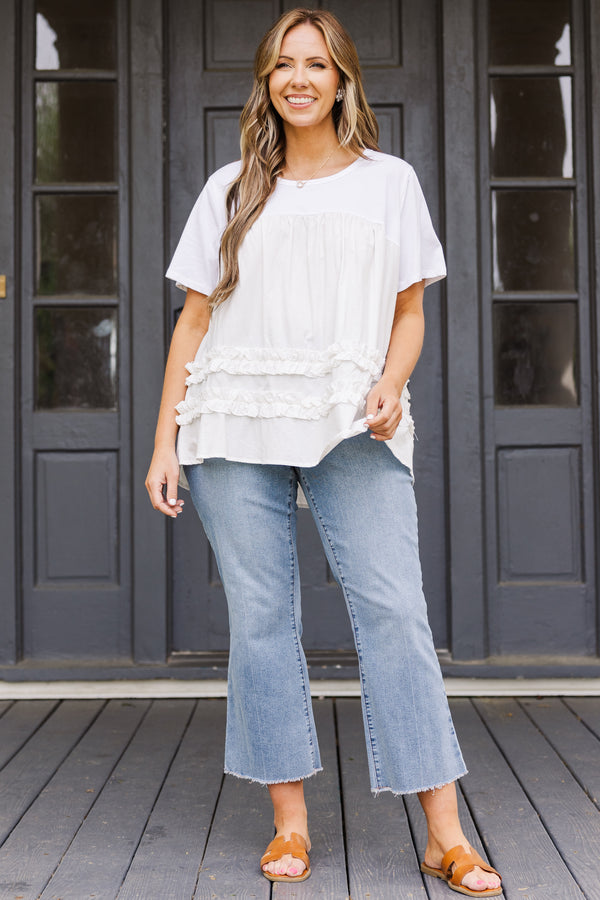 Chic Soul plus size clothing, short sleeve ruffled salt colored top with ruffled lines on the bottom
