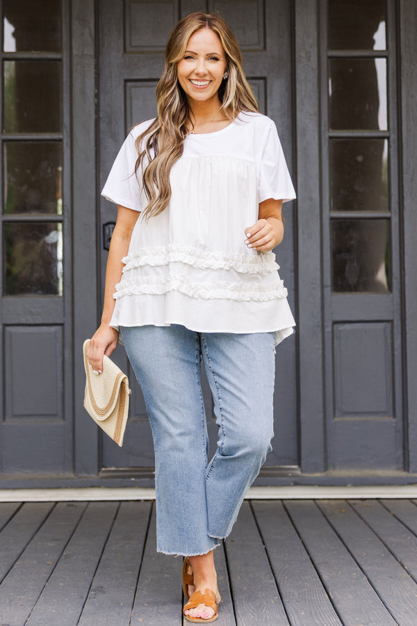 Chic Soul plus size clothing, short sleeve ruffled salt colored top with ruffled lines on the bottom