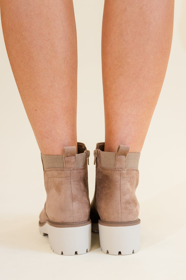 Chic Soul plus size clothing, taupe brown chelsea boots with ivory heel and brown stitching detailing