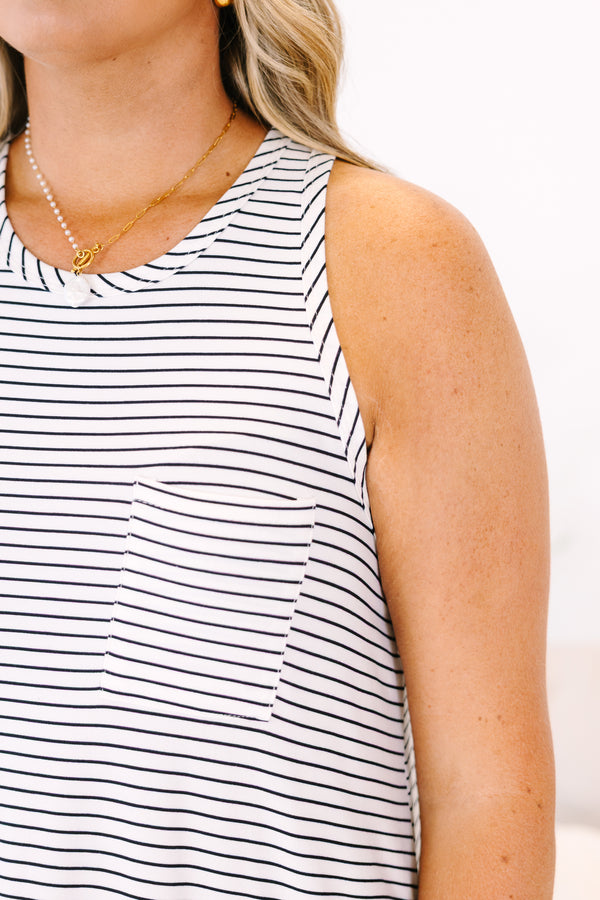 Plus Size ivory and black striped sleeveless swing dress with a crew neckline and chest pocket.