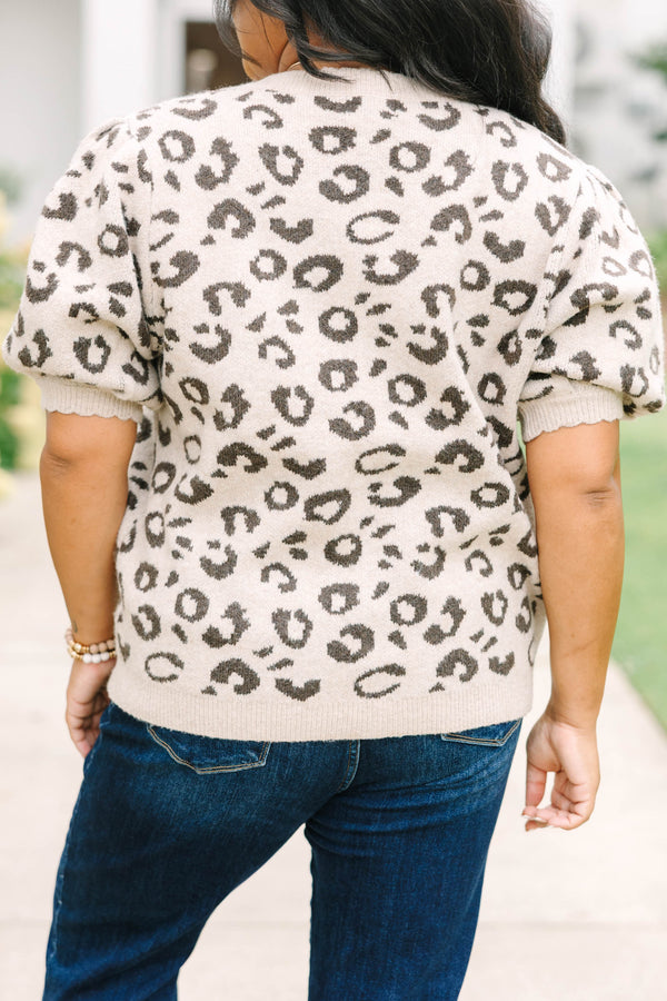 Plus size cream short-sleeve leopard print cardigan with puffy sleeves and front buttons.