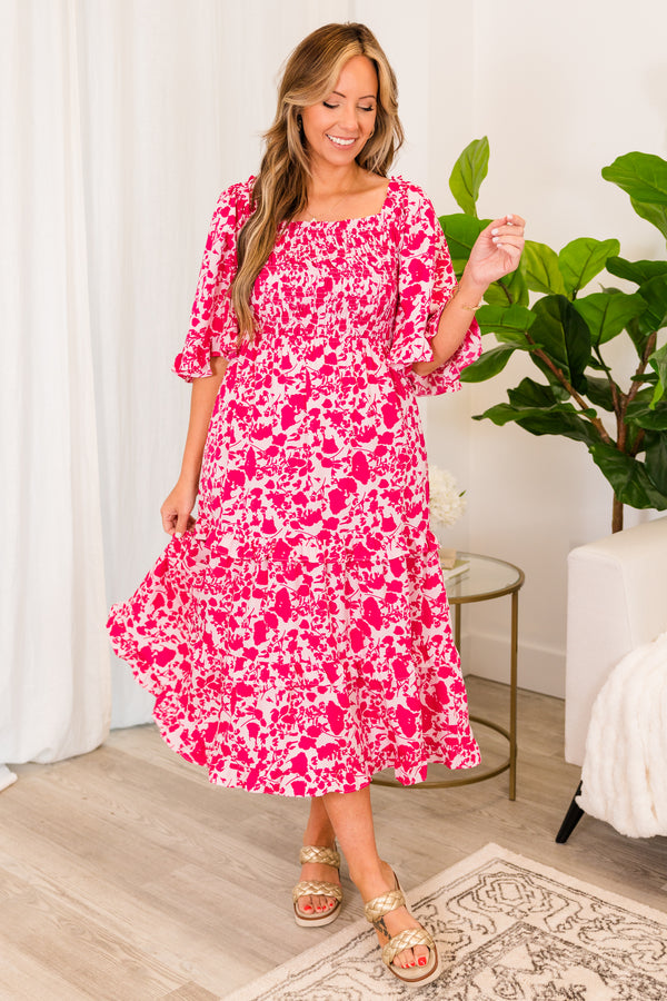 Chic Soul plus size clothing, pink ruffled maxi dress with floral pattern and puffed sleeves with smocked bodice