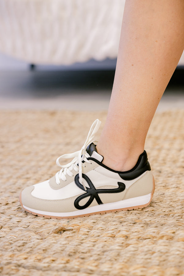 Chic Soul plus size clothing, white and tan leather lace up sneakers with black design on one side