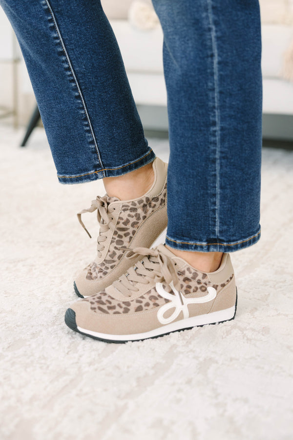 Plus Size leopard print sneakers with tan suede panels, white abstract side detail, and laces.