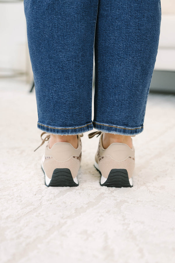 Plus Size leopard print sneakers with tan suede panels, white abstract side detail, and laces.