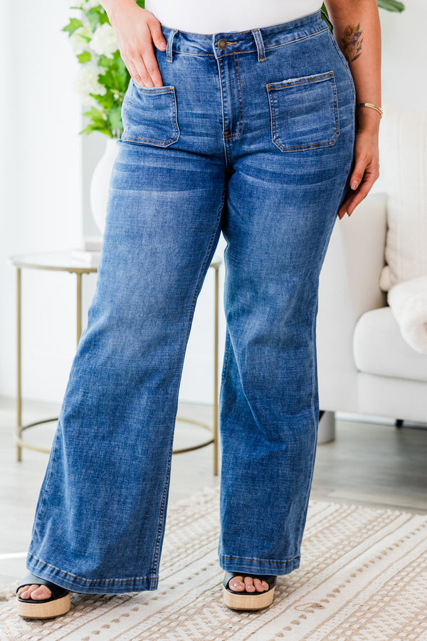 Chic Soul plus size clothing, dark wash flare jeans with front pockets and high rise inseam