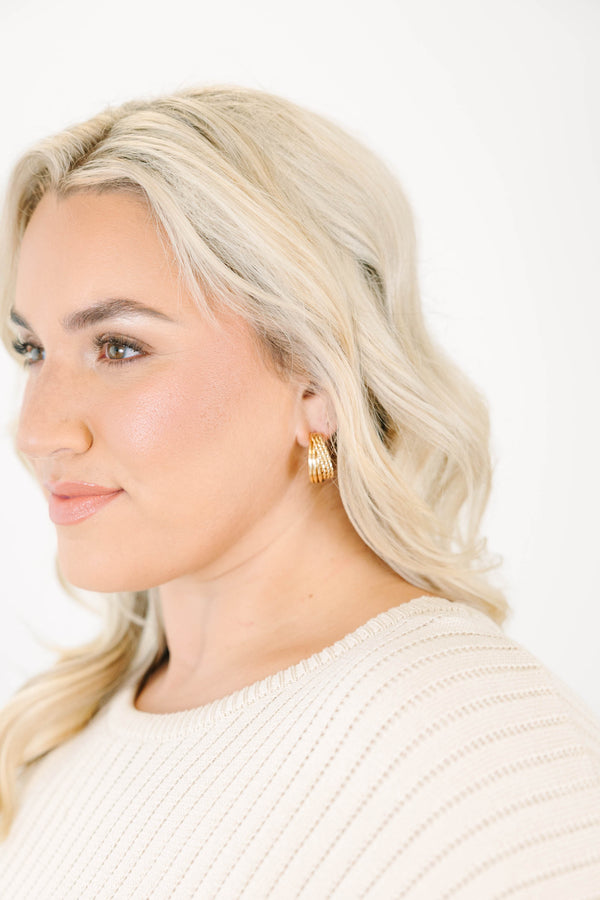 Plus Size gold multi-strand hoop earrings with a textured, braided design.