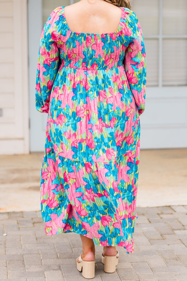 Chic Soul plus size clothing, long sleeve blue floral maxi dress with square neckline and cuff sleeves