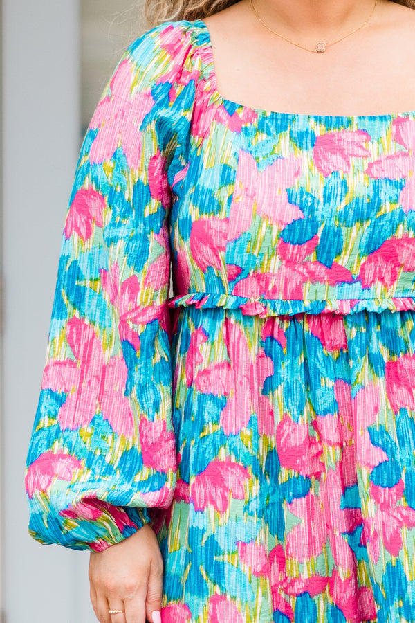 Chic Soul plus size clothing, long sleeve blue floral maxi dress with square neckline and cuff sleeves