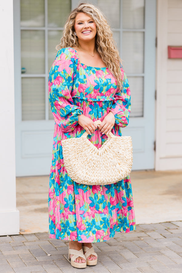 Chic Soul plus size clothing, long sleeve blue floral maxi dress with square neckline and cuff sleeves