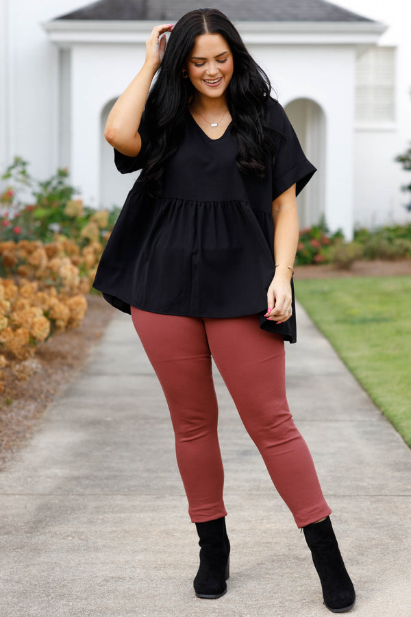 Chic Soul plus size clothing, marsala orangy red colored stretchy full length work pants with elastic waistband
