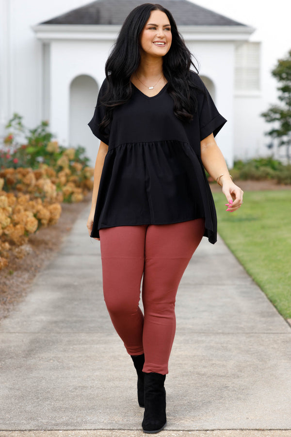 Chic Soul plus size clothing, marsala orangy red colored stretchy full length work pants with elastic waistband