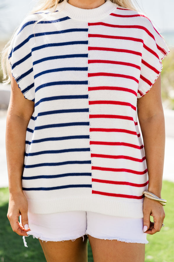 Chic Soul plus size clothing, short-sleeve white knit top with a mockneck and a colorblock striped pattern with a blue and white stripe on one side and a red and white stripe on the other