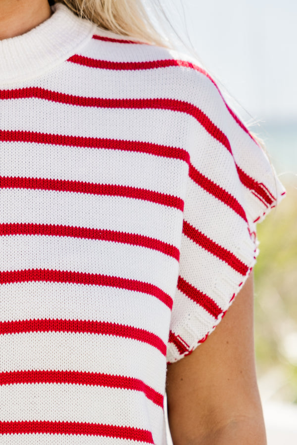 Chic Soul plus size clothing, short-sleeve white knit top with a mockneck and a colorblock striped pattern with a blue and white stripe on one side and a red and white stripe on the other