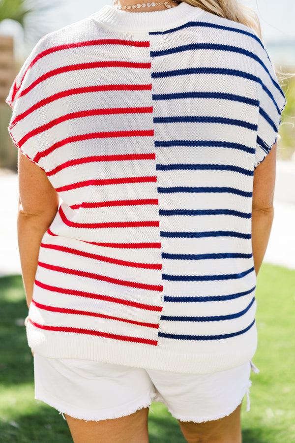 Chic Soul plus size clothing, short-sleeve white knit top with a mockneck and a colorblock striped pattern with a blue and white stripe on one side and a red and white stripe on the other