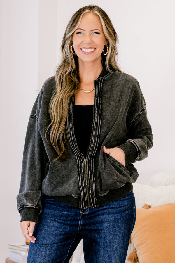 Chic Soul plus size clothing, black denim zip-up jacket with front pockets and an acid wash look