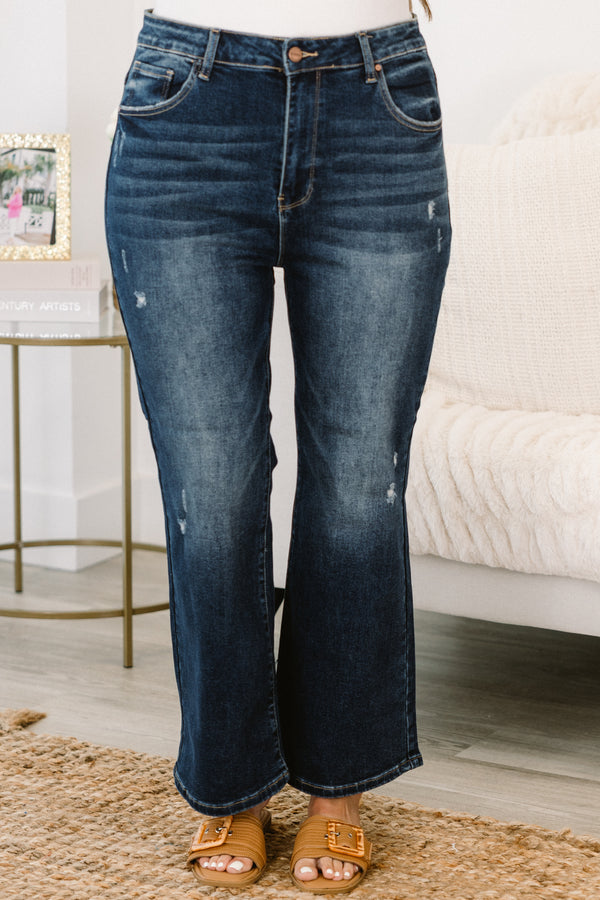 Chic Soul plus size clothing, dark wash denim jeans with slight distressing
