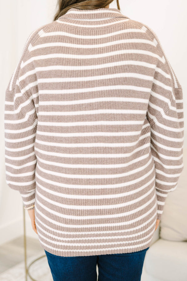 Plus size clothing, brown and white striped three quarter zip sweater