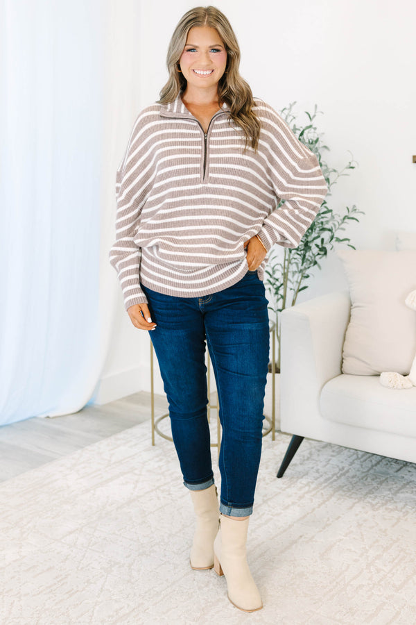 Plus size clothing, brown and white striped three quarter zip sweater