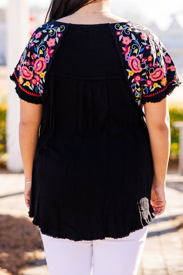 Chic Soul plus size clothing, black top with short colorful embroidered sleeves