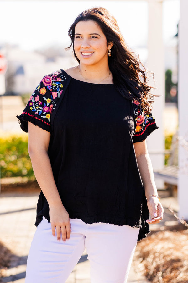 Chic Soul plus size clothing, black top with short colorful embroidered sleeves