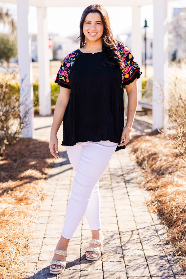 Chic Soul plus size clothing, black top with short colorful embroidered sleeves