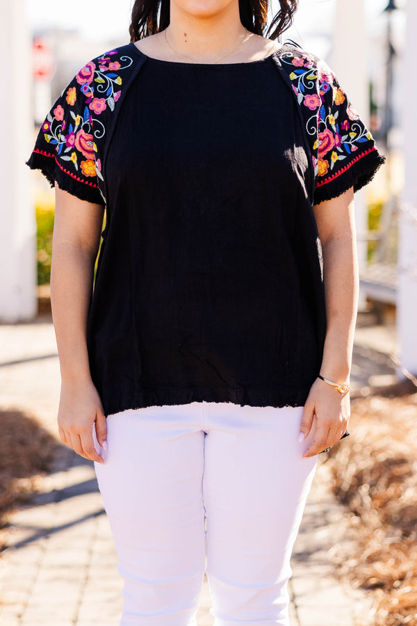 Chic Soul plus size clothing, black top with short colorful embroidered sleeves