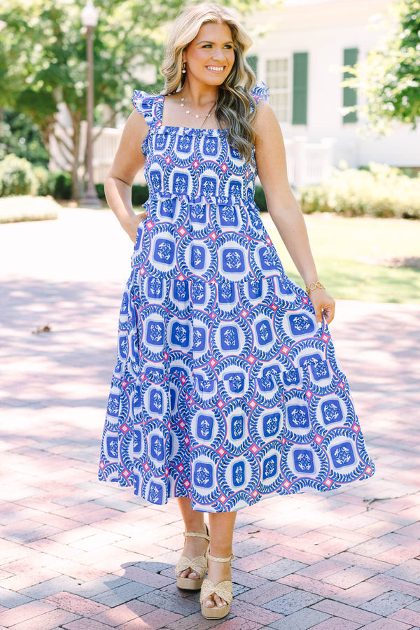 Plus Size cobalt blue and white patterned tiered maxi dress with ruffled straps and smocked bodice.