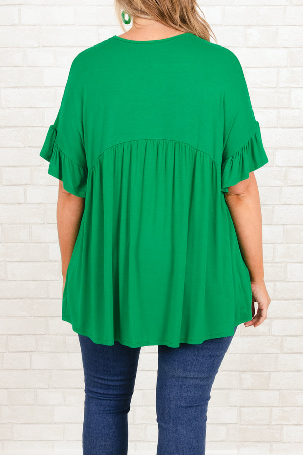 Chic Soul plus size clothing, kelly green flowy top with buttons and ruffle on sleeves