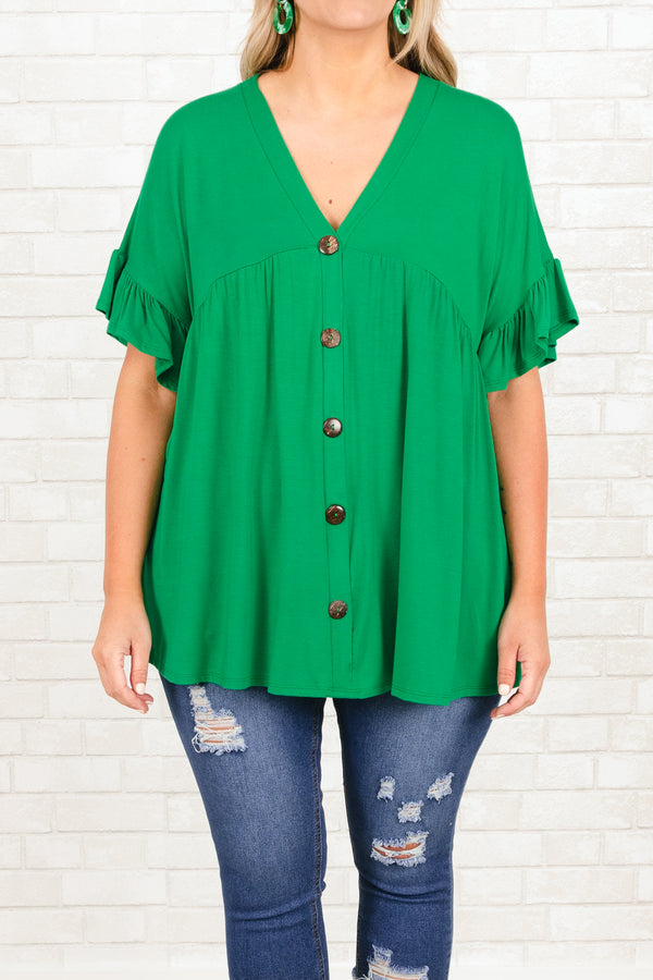 Chic Soul plus size clothing, kelly green flowy top with buttons and ruffle on sleeves