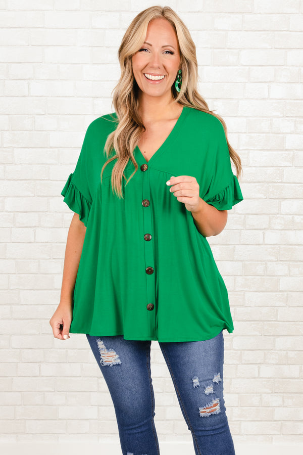 Chic Soul plus size clothing, kelly green flowy top with buttons and ruffle on sleeves