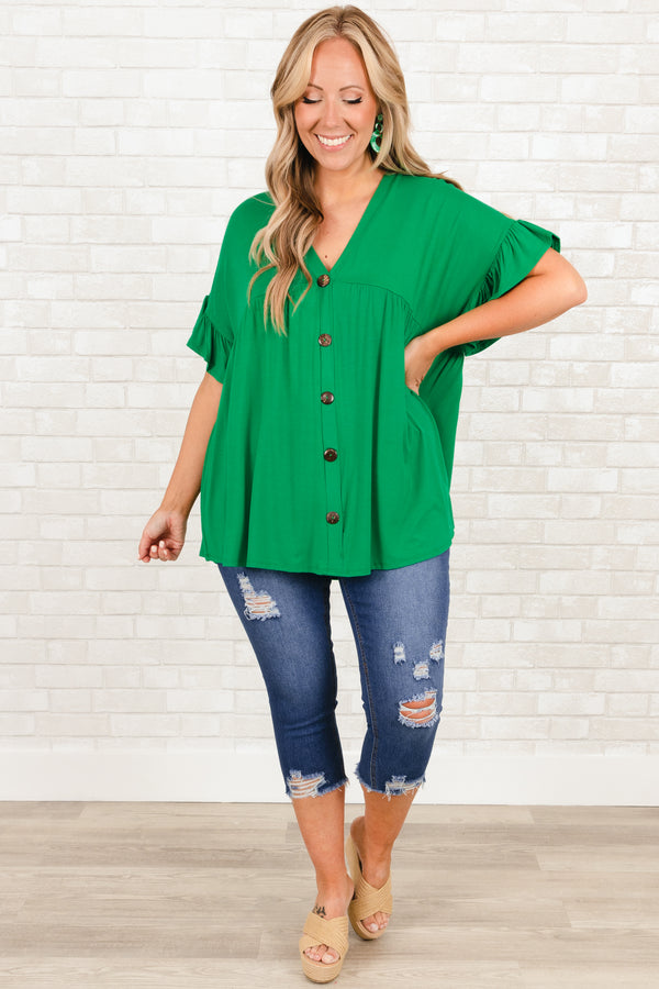 Chic Soul plus size clothing, kelly green flowy top with buttons and ruffle on sleeves