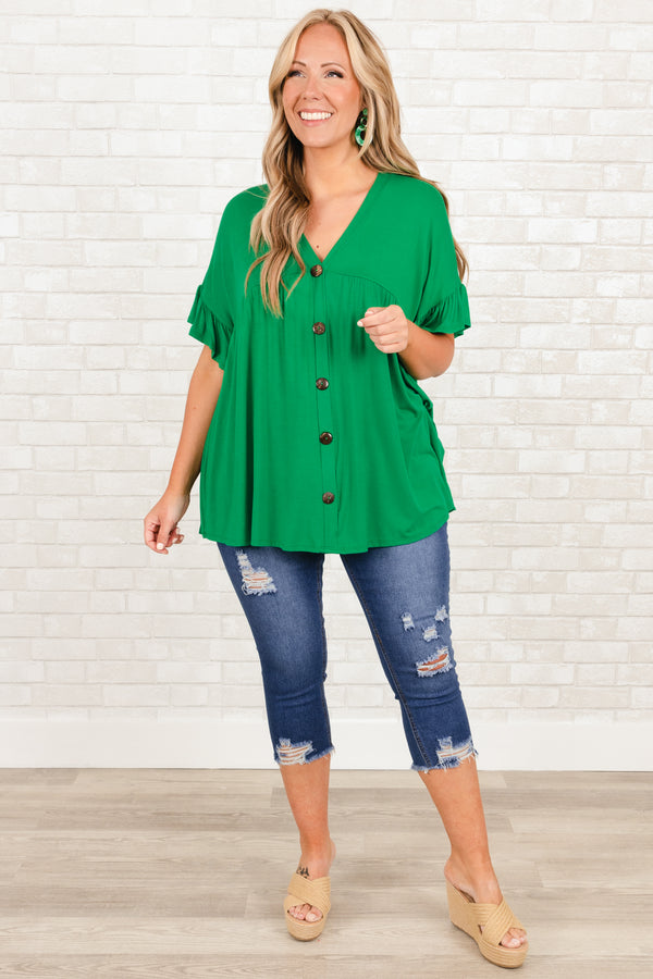 Chic Soul plus size clothing, kelly green flowy top with buttons and ruffle on sleeves