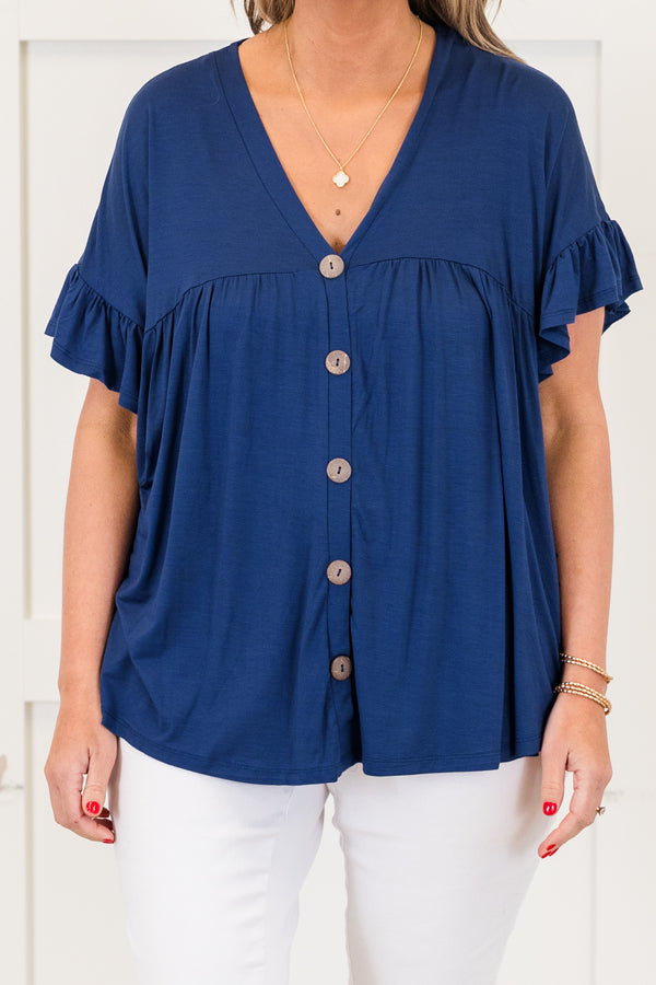 Chic Soul plus size clothing, shirt, short sleeve, vneck, button down, ruffle sleeves, navy, comfy, flowy