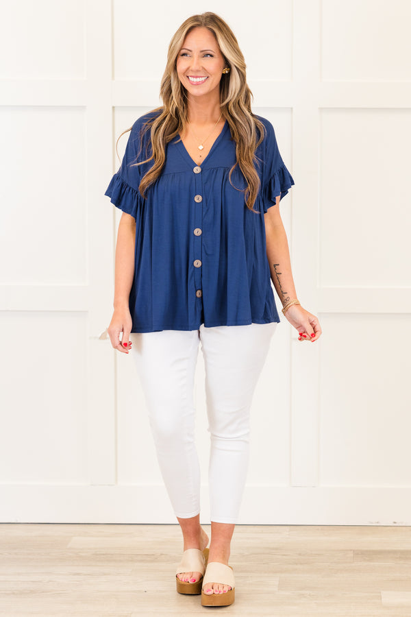 Chic Soul plus size clothing, shirt, short sleeve, vneck, button down, ruffle sleeves, navy, comfy, flowy