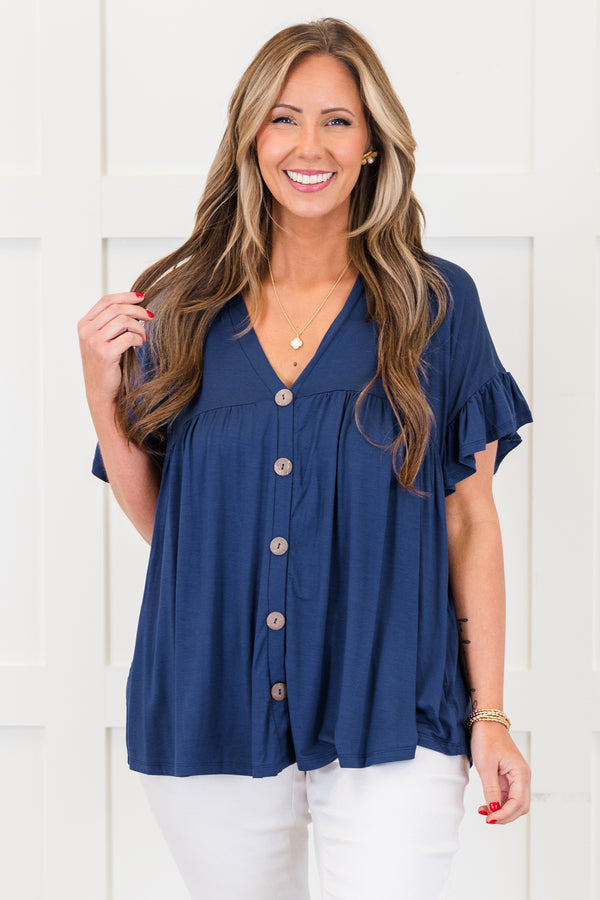 Chic Soul plus size clothing, shirt, short sleeve, vneck, button down, ruffle sleeves, navy, comfy, flowy