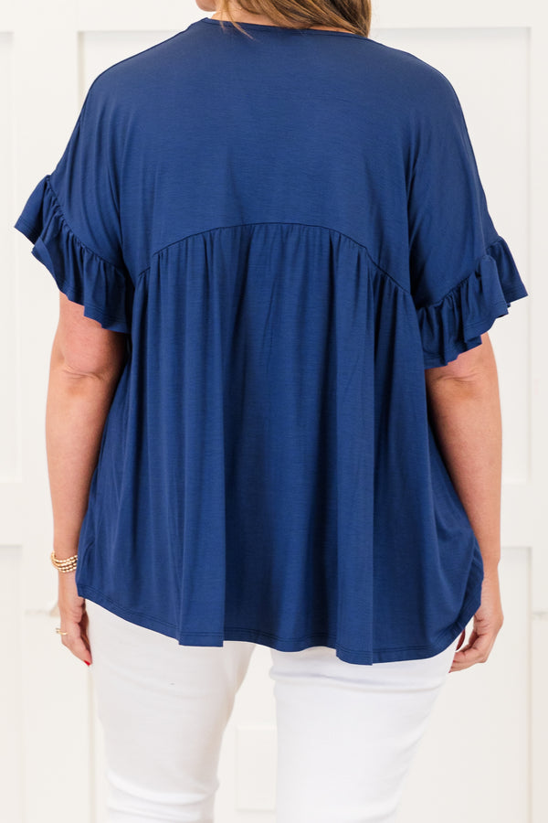 Chic Soul plus size clothing, shirt, short sleeve, vneck, button down, ruffle sleeves, navy, comfy, flowy