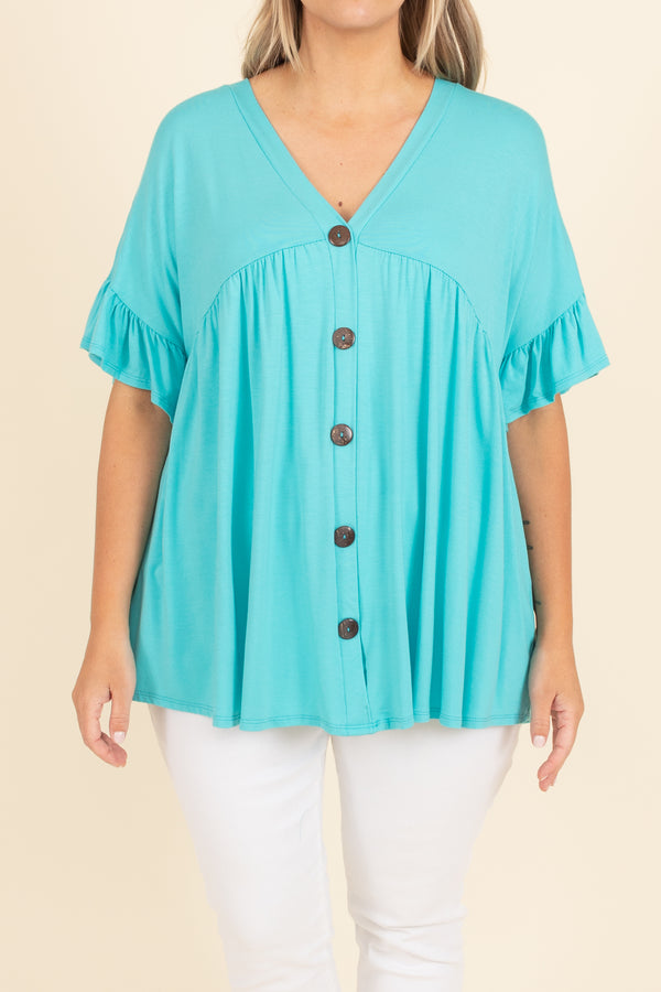 Chic Soul plus size clothing, turquoise babydoll top with ruffles on sleeves and buttons
