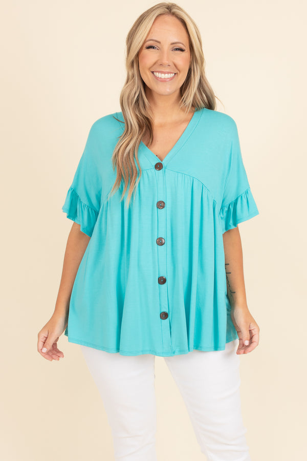 Chic Soul plus size clothing, turquoise babydoll top with ruffles on sleeves and buttons