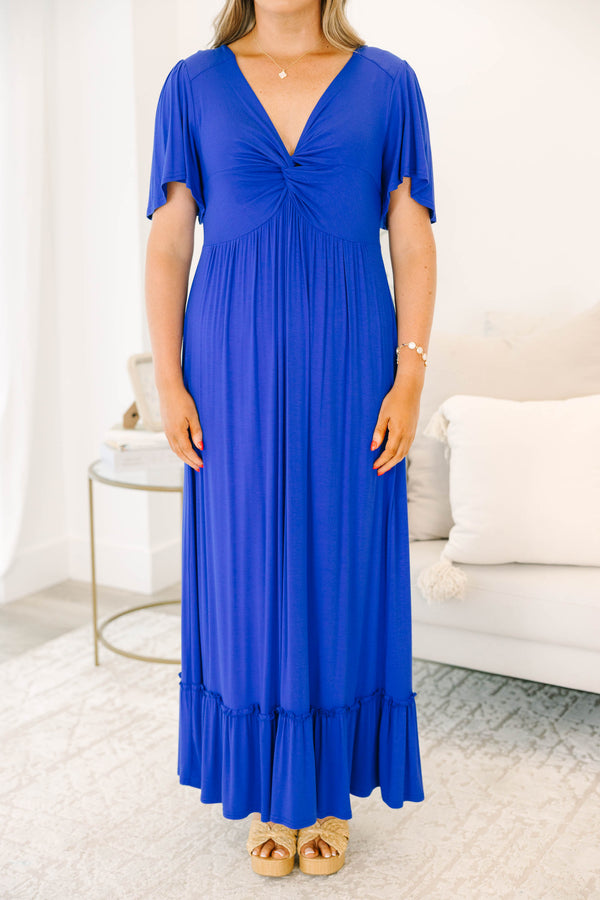 Chic Soul plus size clothing, cobalt short sleeve maxi dress with v neckline with knot detail with ruffle along the bottom