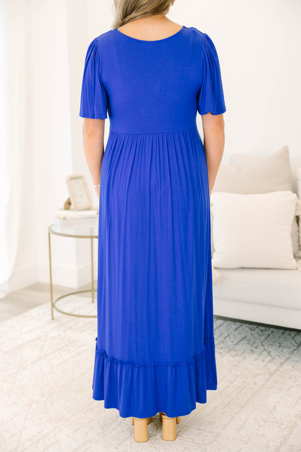 Chic Soul plus size clothing, cobalt short sleeve maxi dress with v neckline with knot detail with ruffle along the bottom