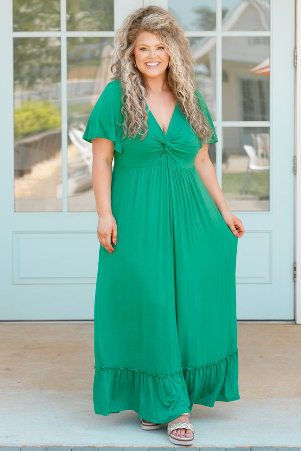 Chic Soul plus size clothing, palm green maxi dress with flowy sleeves and a knotted neckline