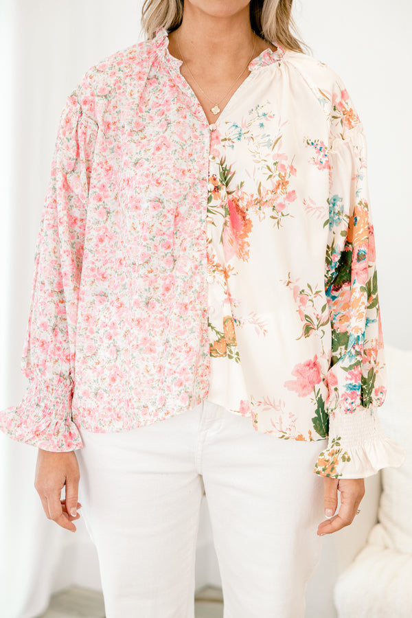Chic Soul plus size clothing, long sleeve pink floral button up top with collar and cuff sleeves, with 2 different floral prints on each side